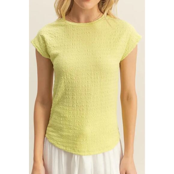 HYFVE Textured Design Round Neckline Cap Sleeves Casual Knit Top | Neon Yellow - Picture 5 of 5